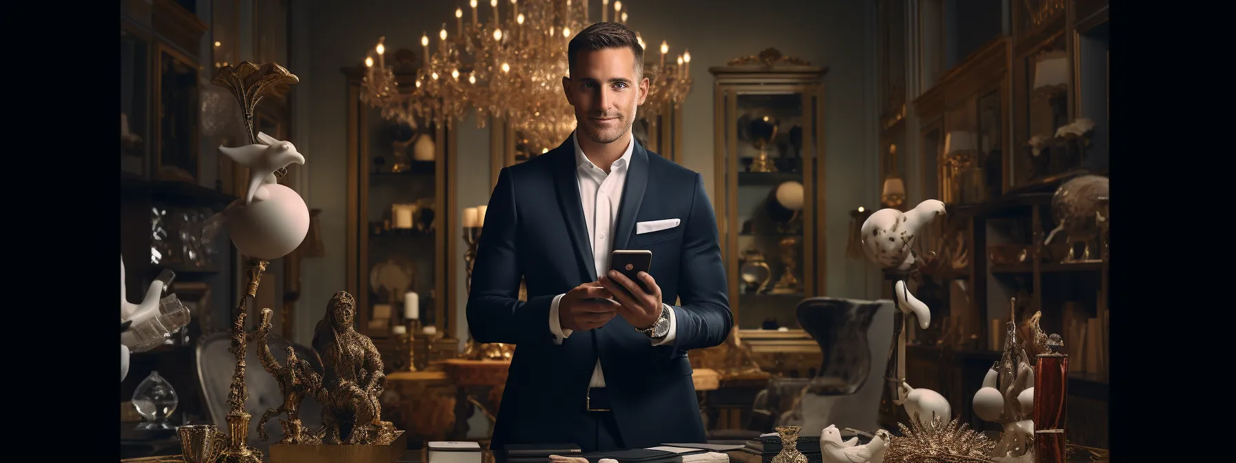 a well-dressed influencer holding a smartphone and smiling while surrounded by fashion-related objects.
