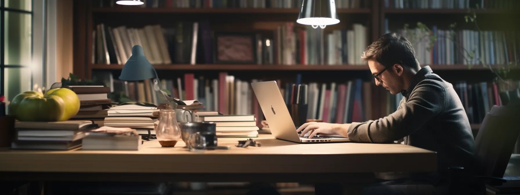 a person working on a laptop with a cup of coffee while surrounded by books and research materials.