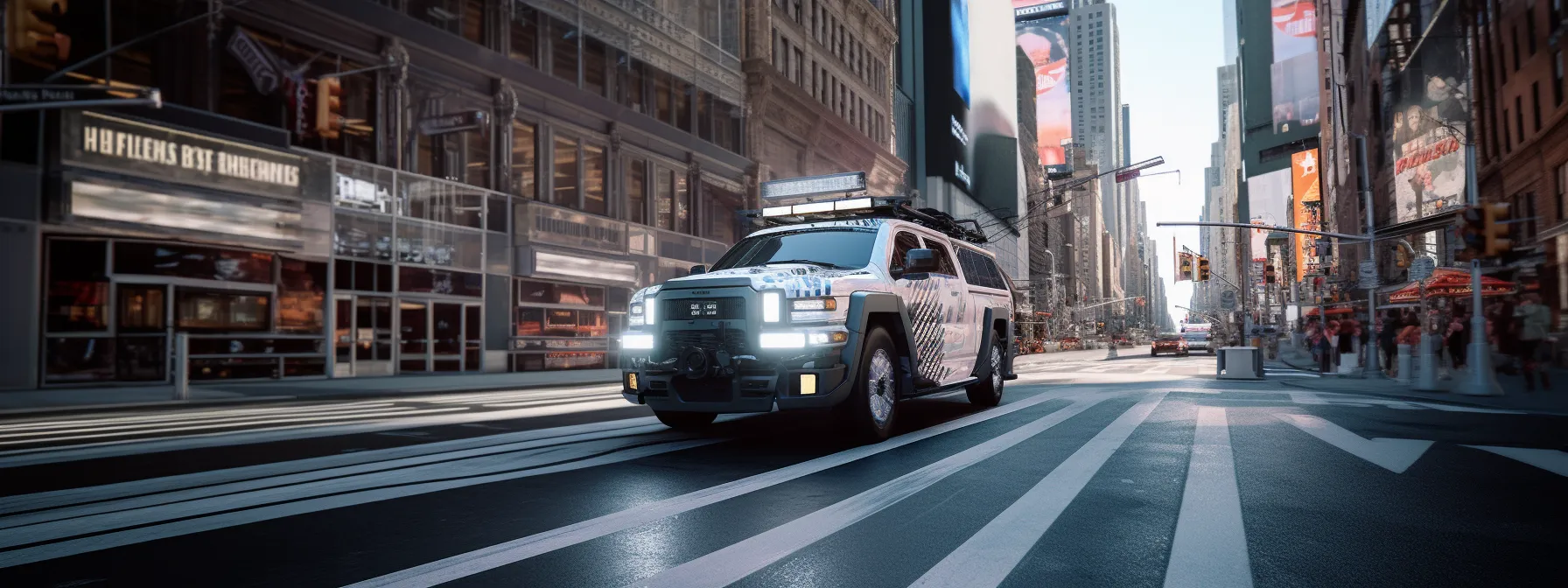 a smooth-running vehicle unit seamlessly navigating through the multifaceted streets and downtown areas of babylon.