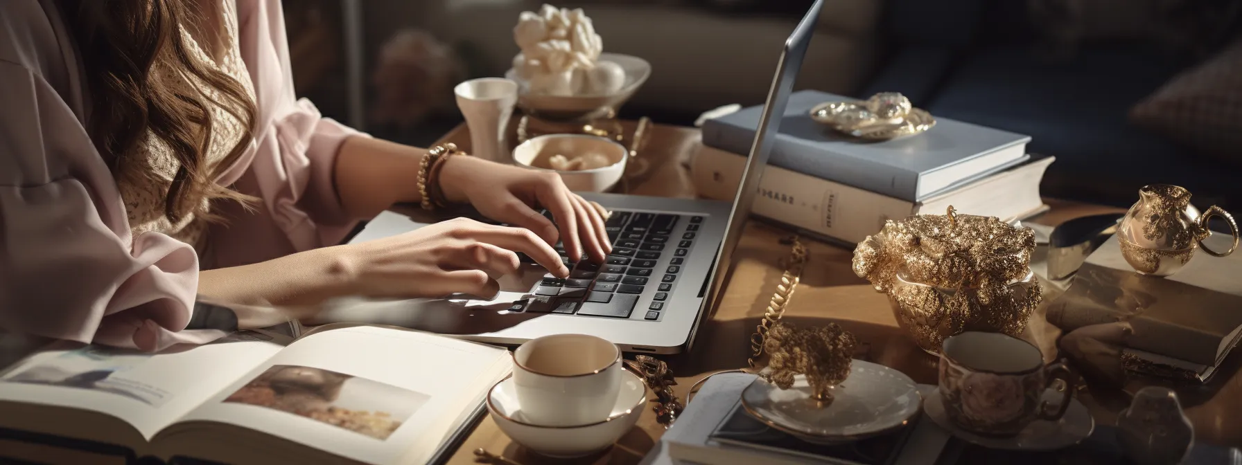 a person typing on a laptop while surrounded by fashion accessories and a stack of books on guest blogging and link building.