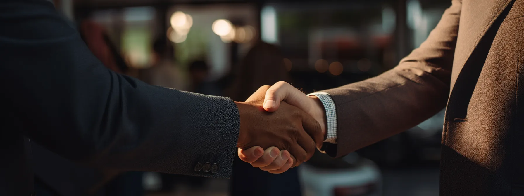 a law firm representative shaking hands with a representative from a local business at a community event.