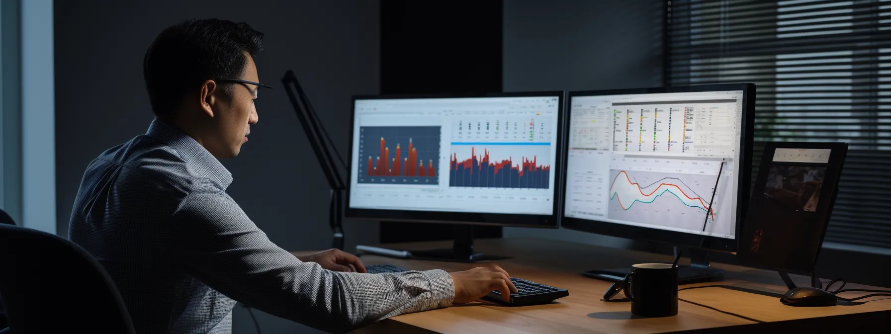 an seo specialist analyzing data on a computer screen with graphs and charts.