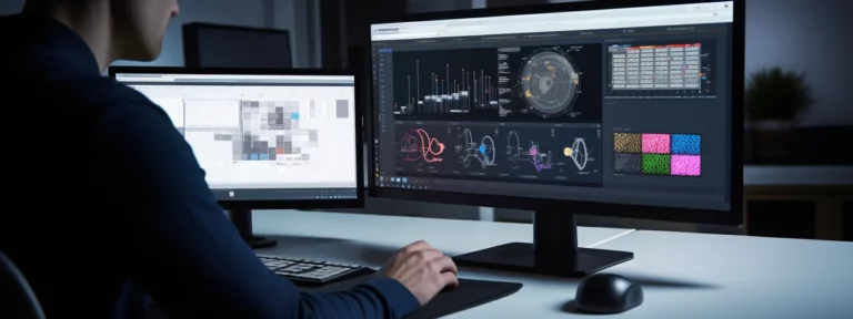 Data analyst reviewing complex visual dashboards and analytics on dual monitors in a dark office setting.