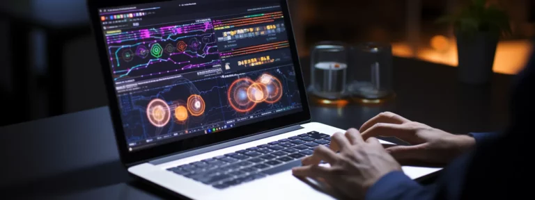 Person analyzing colorful data visualizations and digital dashboards on a laptop in a dimly lit workspace.