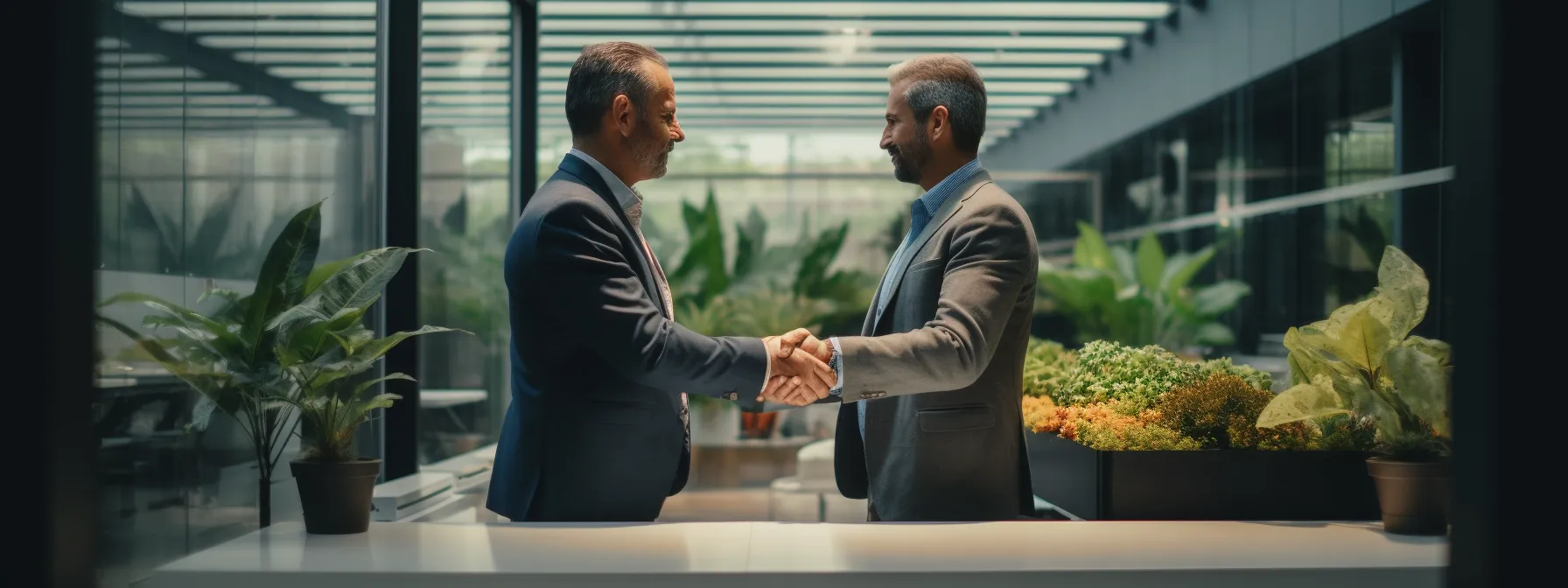 two individuals shaking hands and exchanging business cards in a professional setting.