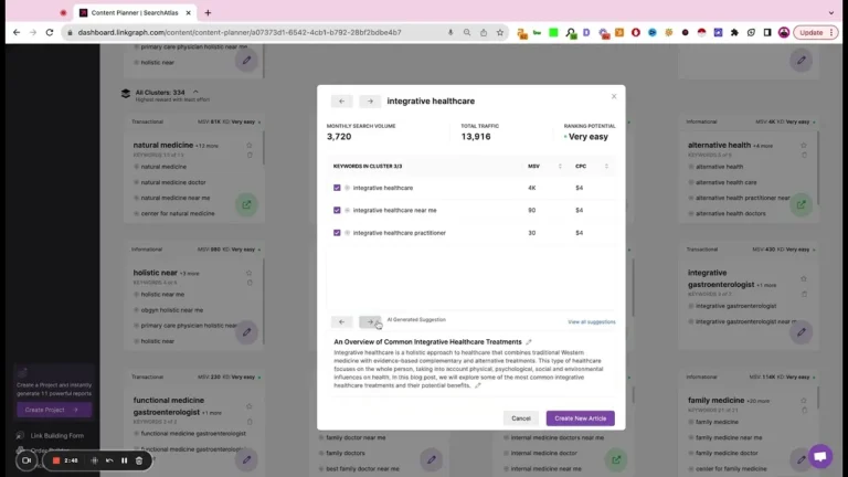 Screenshot of a Content Planner dashboard in SearchAtlas showing keyword data for "integrative healthcare," including SEO metrics like monthly search volume, keyword difficulty, and related keyword suggestions.