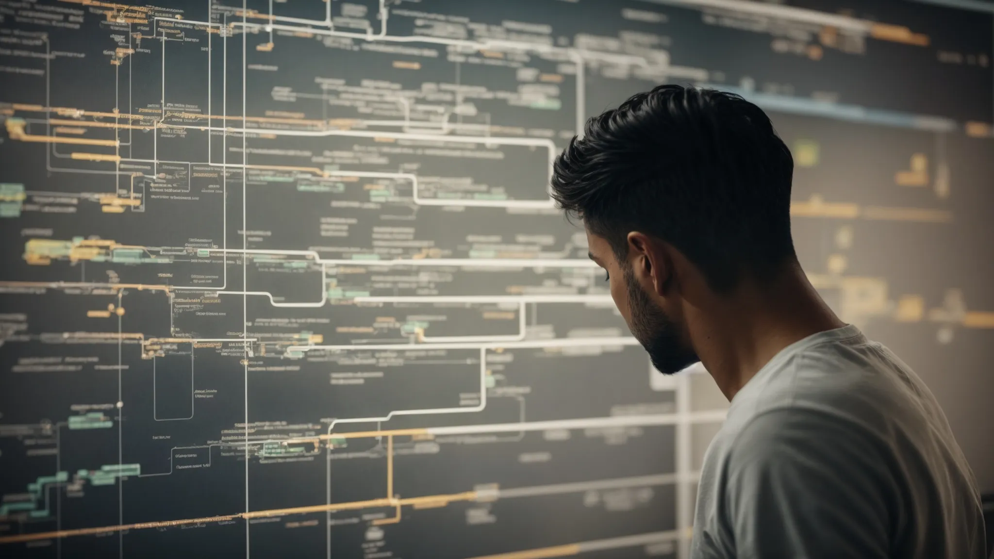a focused individual analyzing a complex flowchart that visualizes various interconnected keyword clusters on a digital screen.