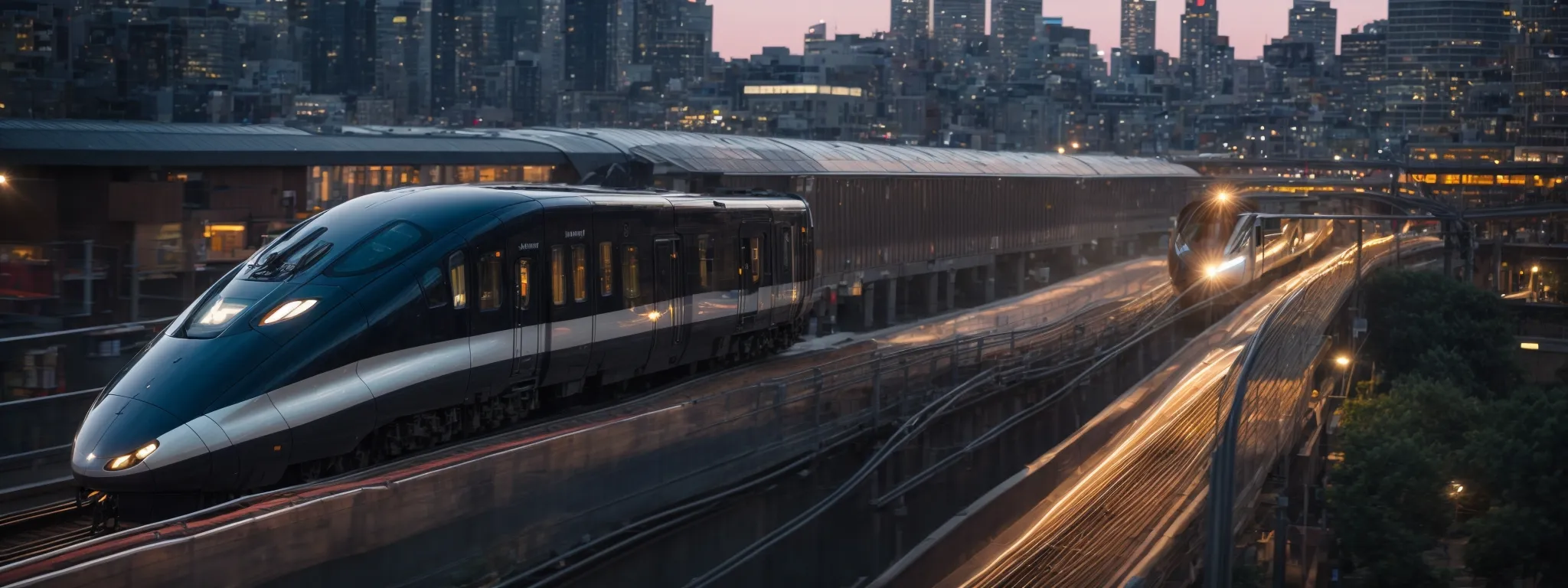 a sleek, high-speed train gliding effortlessly through a modern cityscape at dusk.