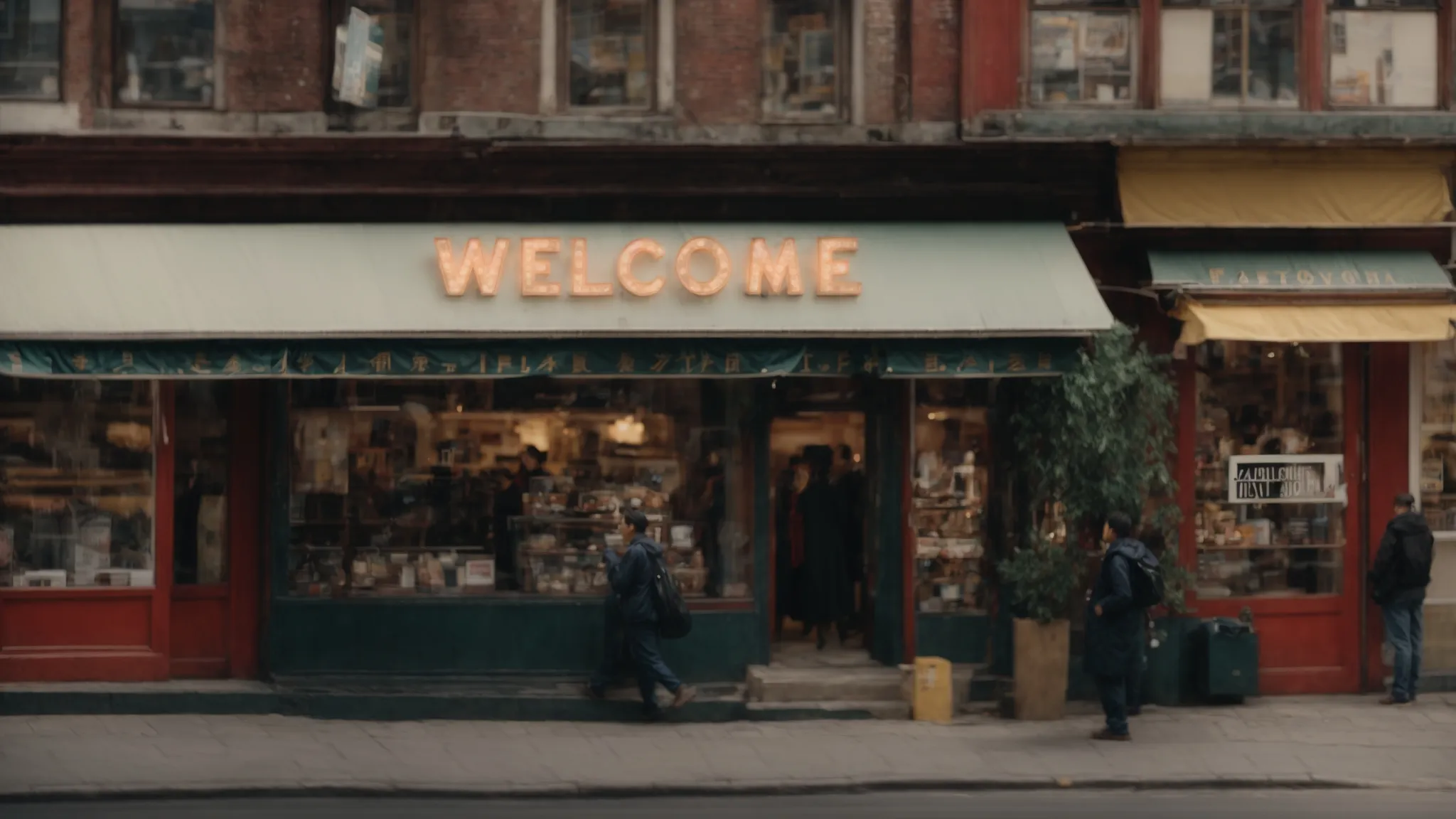 a bustling storefront with a welcome sign catches the eye of a passing pedestrian.