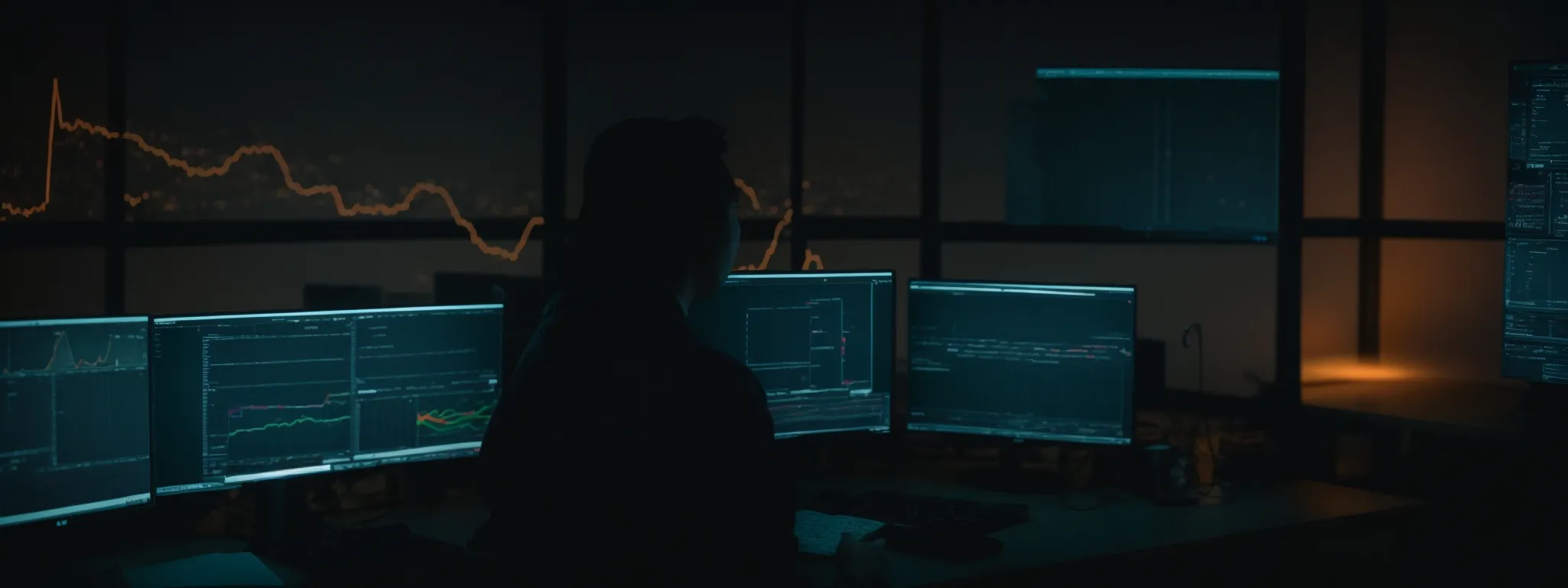 a digital marketer observes a luminous computer screen displaying a structured data graph amidst a dark office setting.
