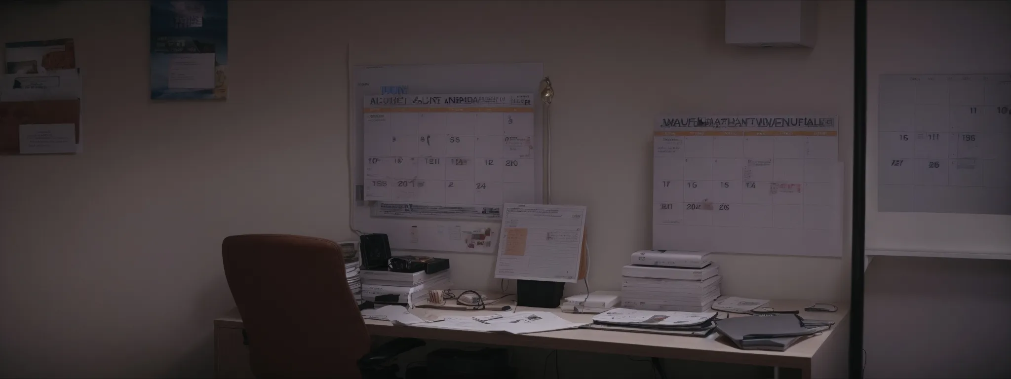 a quiet office with a computer displaying a calendar and a highlighted deadline.