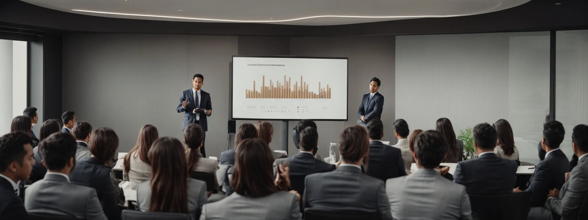 a confident professional presents a graph showing significant growth to an attentive audience in a modern conference room.