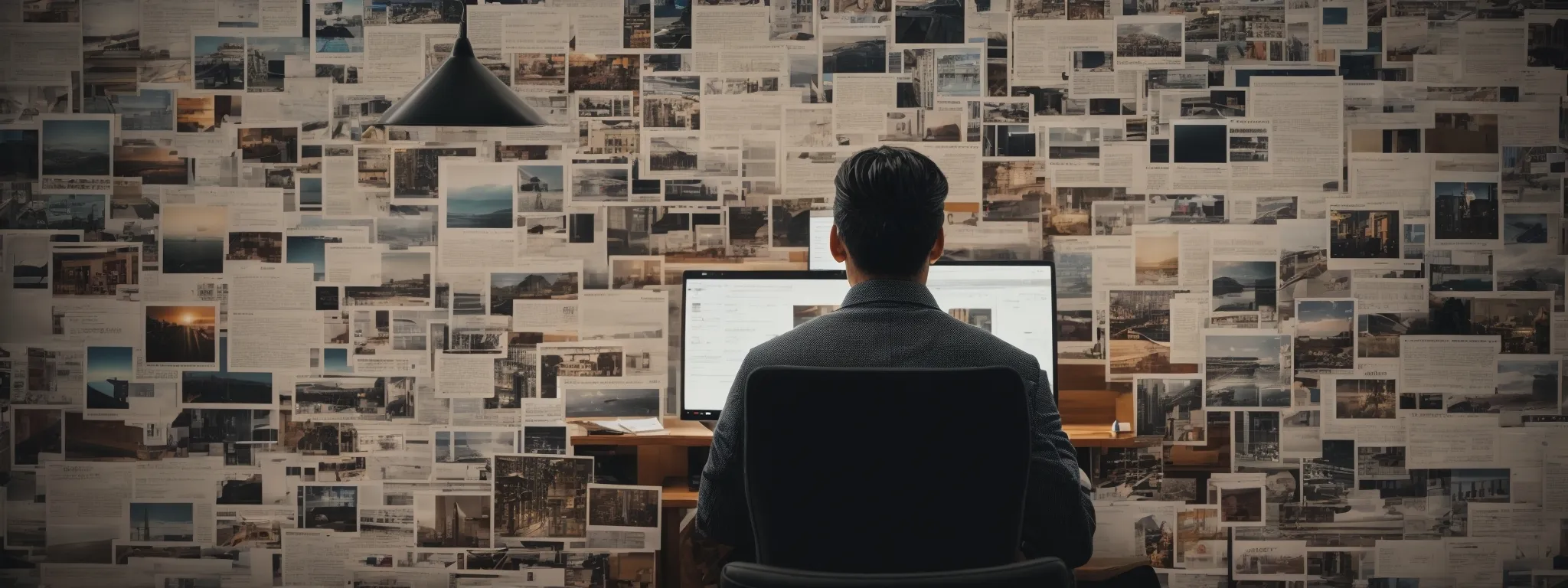 a person sitting at a desk with a computer, surrounded by a network of interconnected article pages symbolizing a web of backlinks.