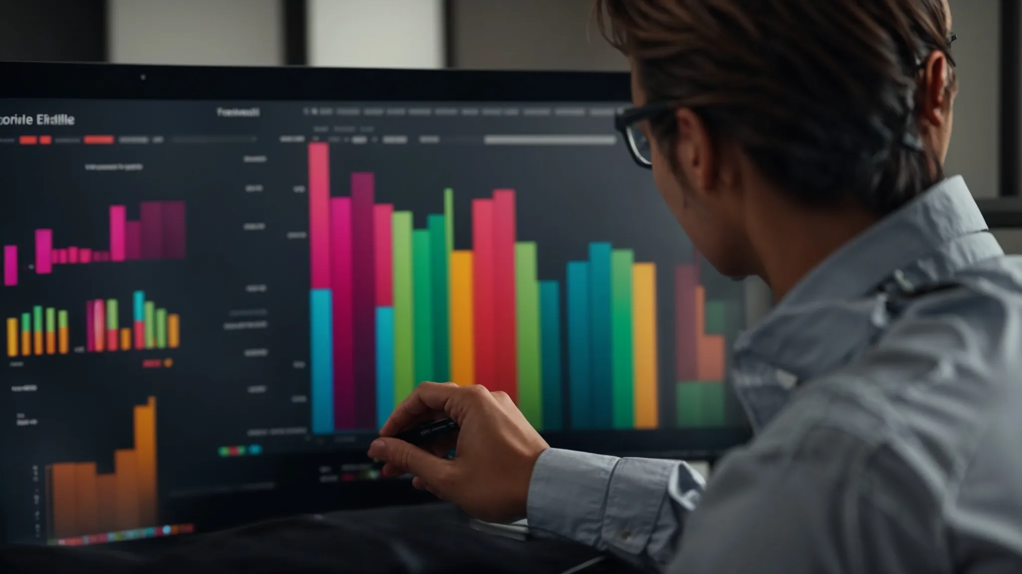 a business professional analyzing colorful graphs on a computer screen to optimize website performance.