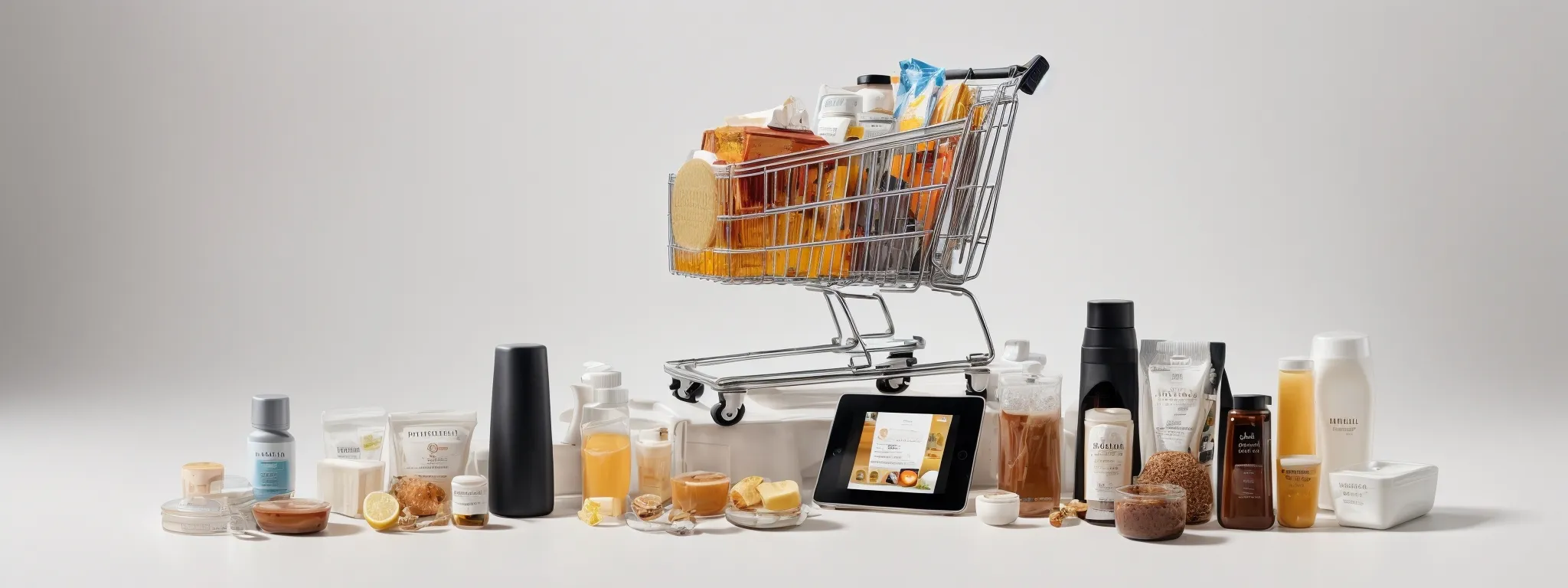 a shopping cart filled with various products placed against the backdrop of a digital tablet displaying an online store's webpage.