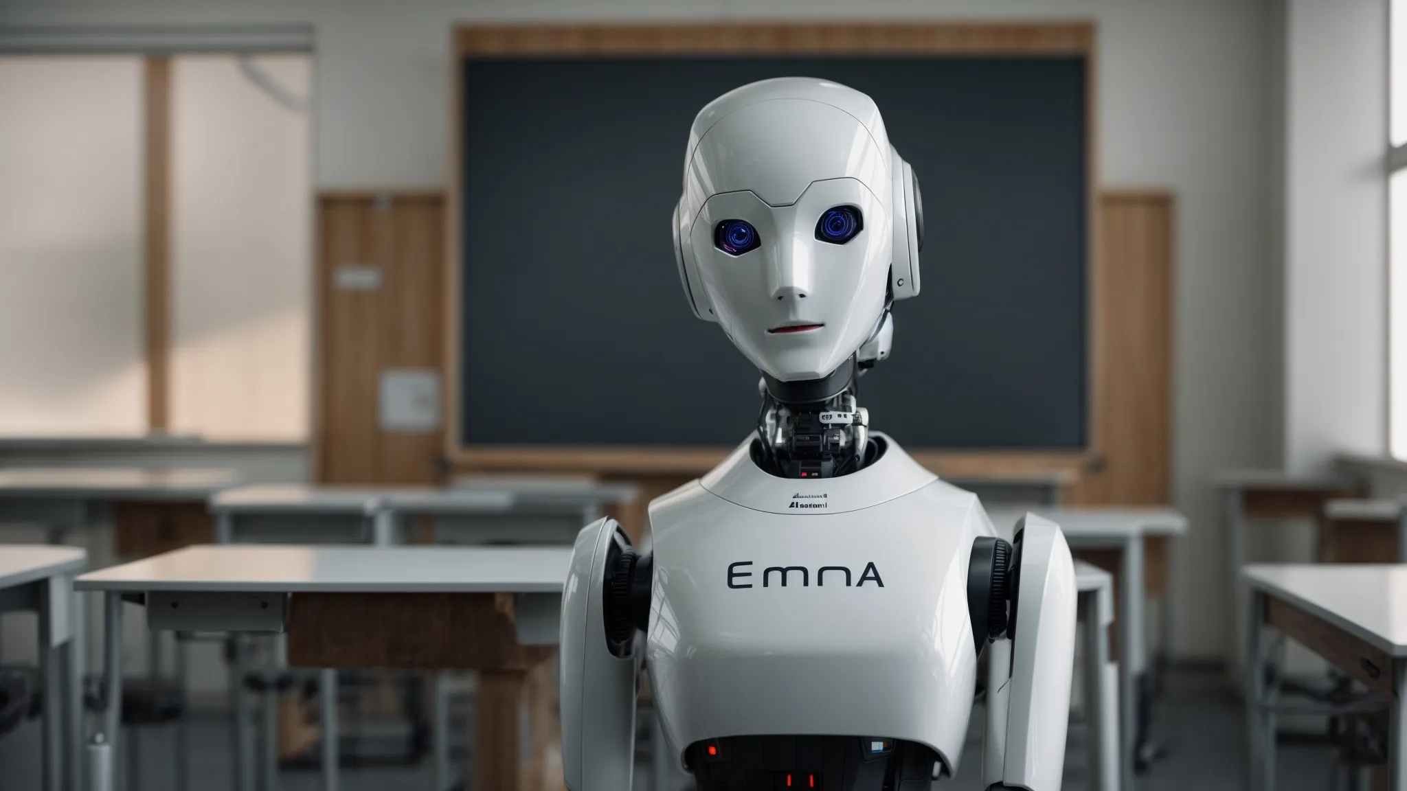 a sleek robot with a smooth, humanoid face stands beside a chalkboard labeled "emma ai" in a hi-tech classroom.