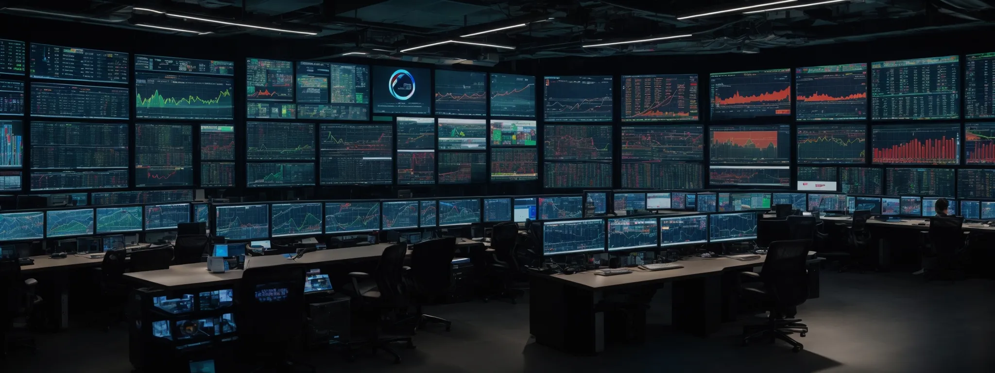a high-tech control room with a wall of digital screens displaying various market analytics and global data feeds.