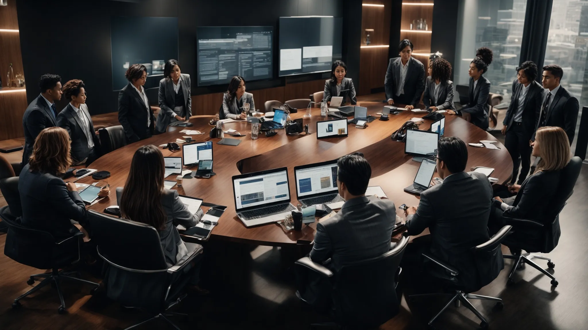 a diverse team of professionals brainstorming around a conference table with multiple digital devices and marketing analytics displayed on a large screen.