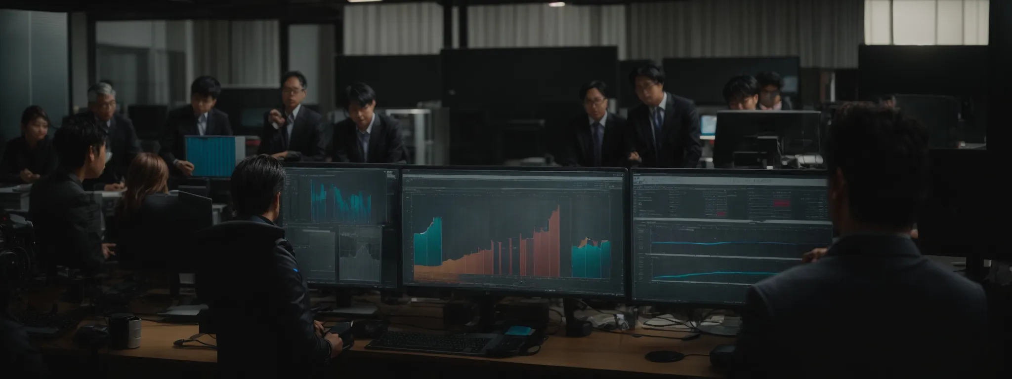 a team of professionals gather around a computer analyzing data charts to improve seo strategy.
