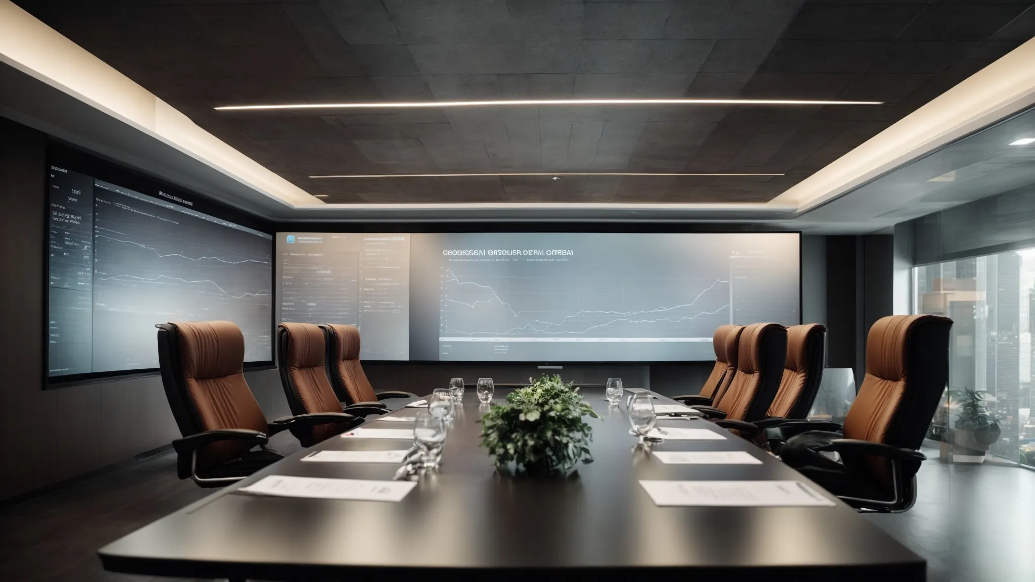 a meeting room with a large monitor displaying graphs and website traffic data, where marketing professionals are discussing strategies.