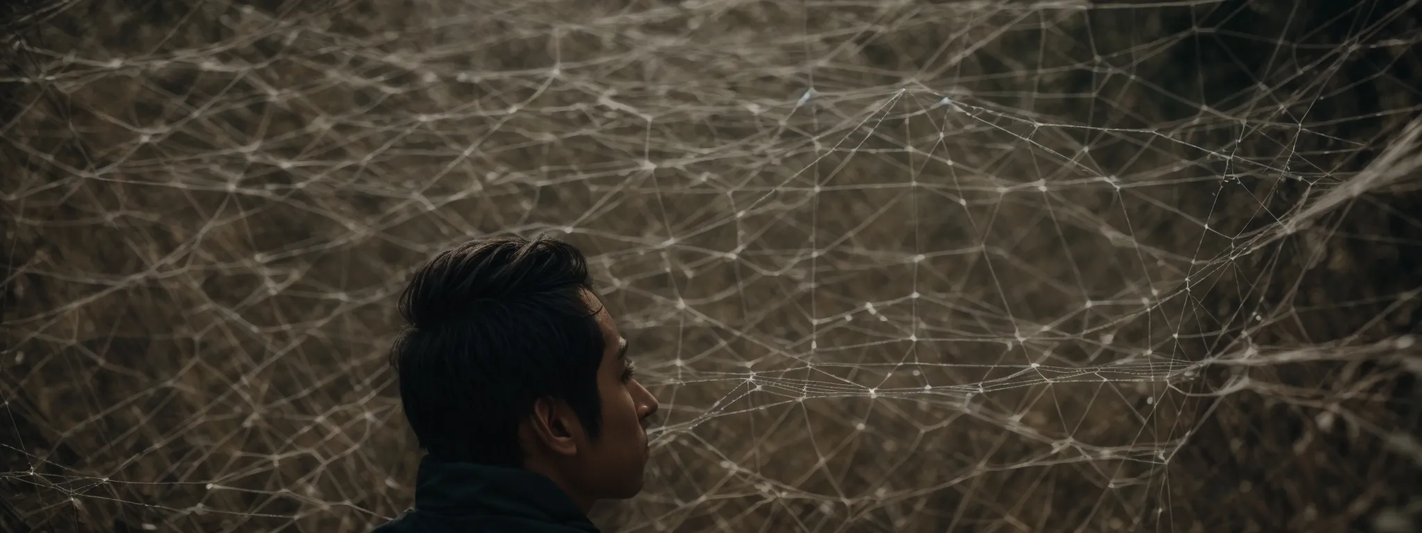 a webmaster examines a complex web of interconnected nodes representing a website’s structure and backlink network.