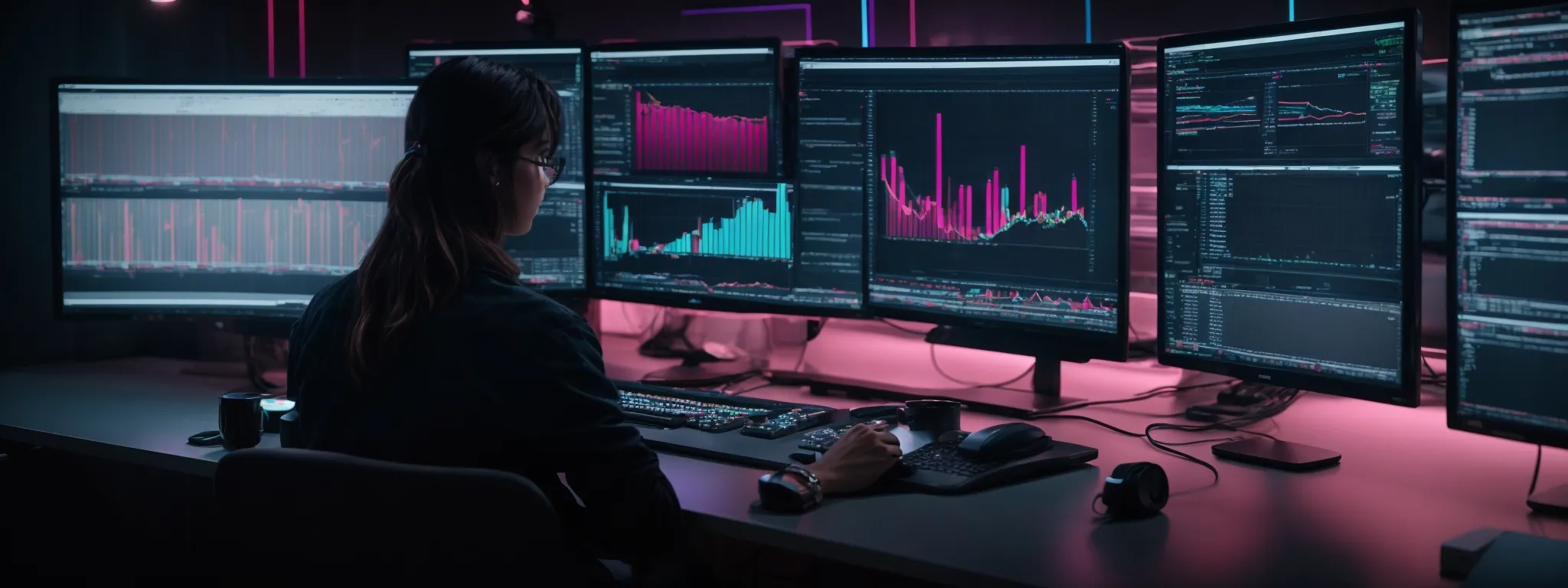 a person sits before dual computer monitors, analyzing a colorful seo analytics dashboard that reflects a website’s performance metrics.