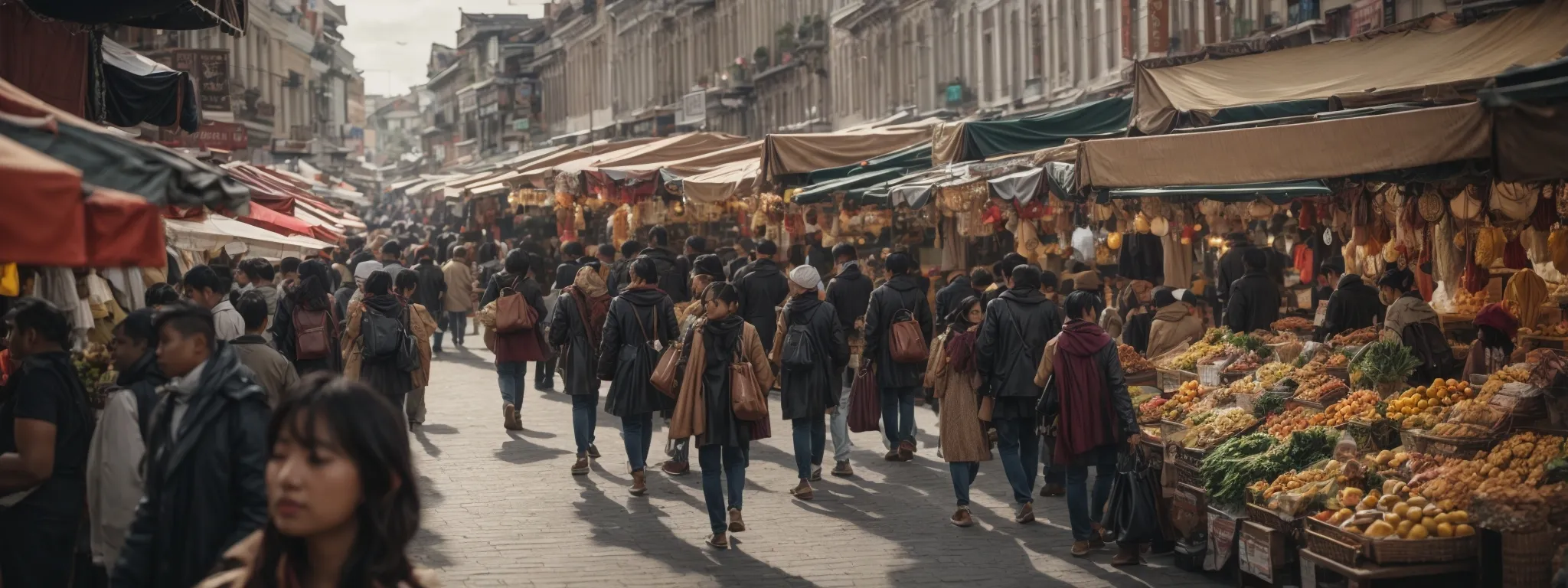 a busy local market street bustling with diverse shoppers using smartphones.