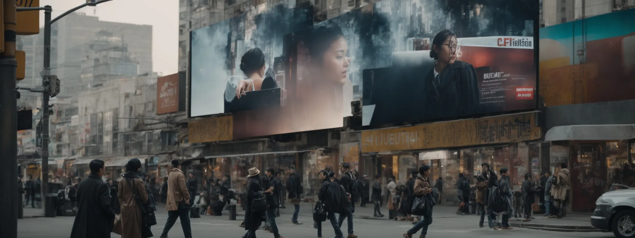 a bustling street corner billboard showcasing a striking advertisement, with pedestrians interacting with the same campaign on their smartphones.