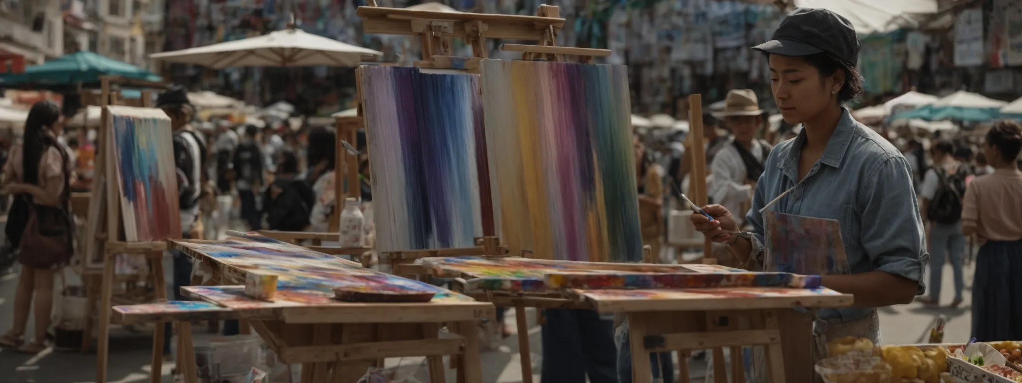 a painter stands before an easel, brushing vibrant strokes onto a canvas in a bustling open-air market.