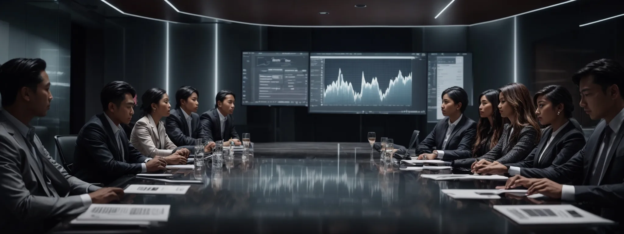 a group of professionals engaged around a sleek, modern conference table, intensely focused on a digital screen displaying a rising analytics graph.