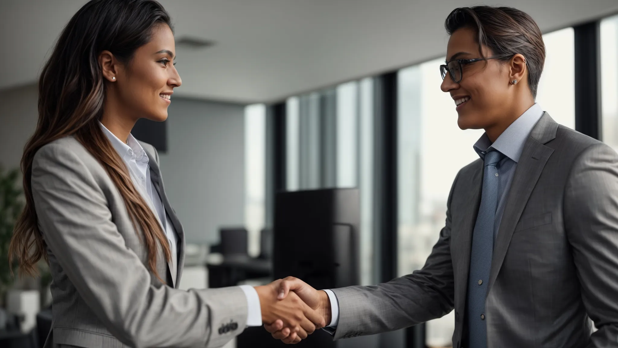 a close-up of a confident business professional shaking hands with a local seo expert in a modern office setting.