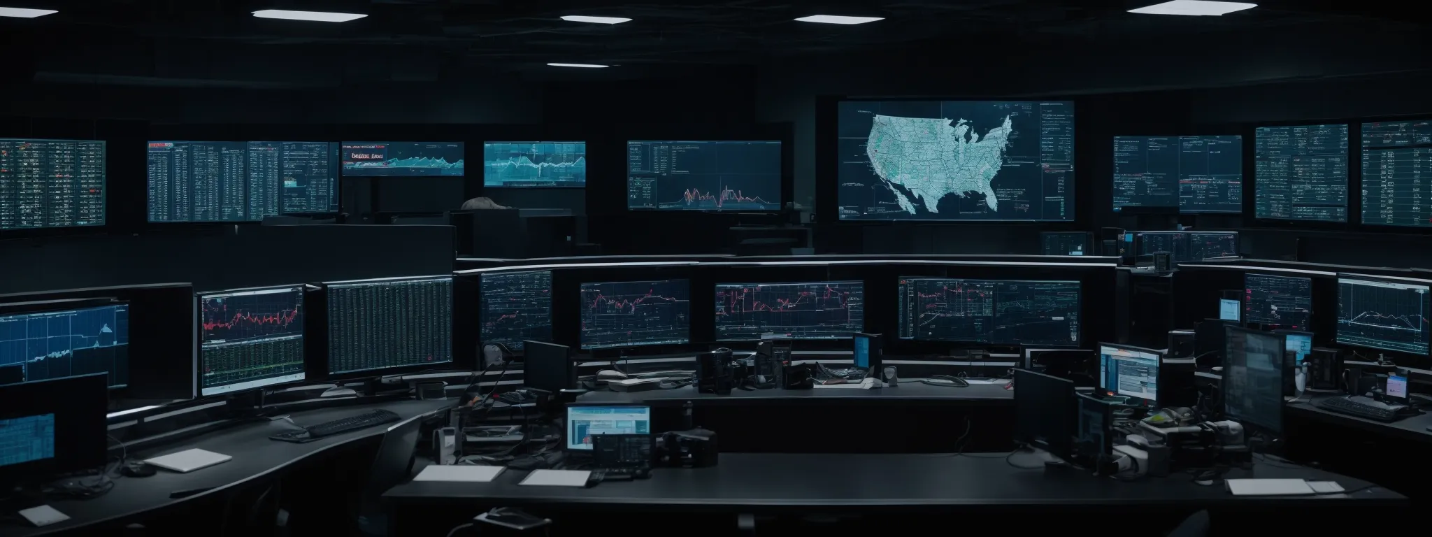 a network operations center with multiple screens displaying real-time analytics and status reports.