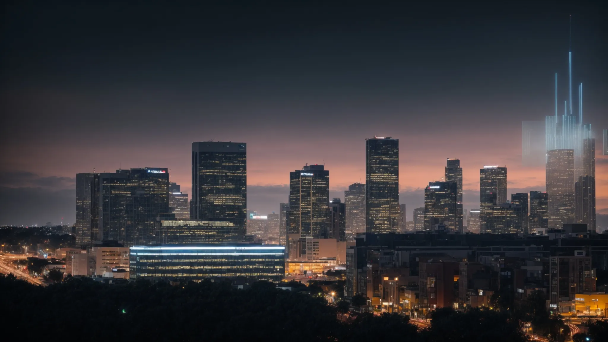 a skyline at dusk with illuminated office buildings and a rising search bar graph projection, symbolizing digital growth and seo success.