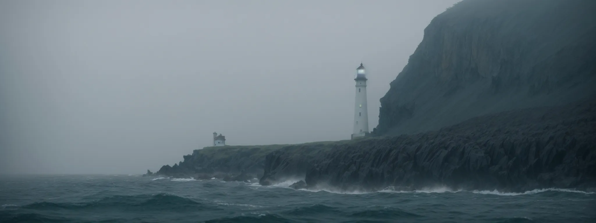 a lighthouse standing firm, with its light piercing through a veiling fog, signaling guidance and clarity amidst obscurity.
