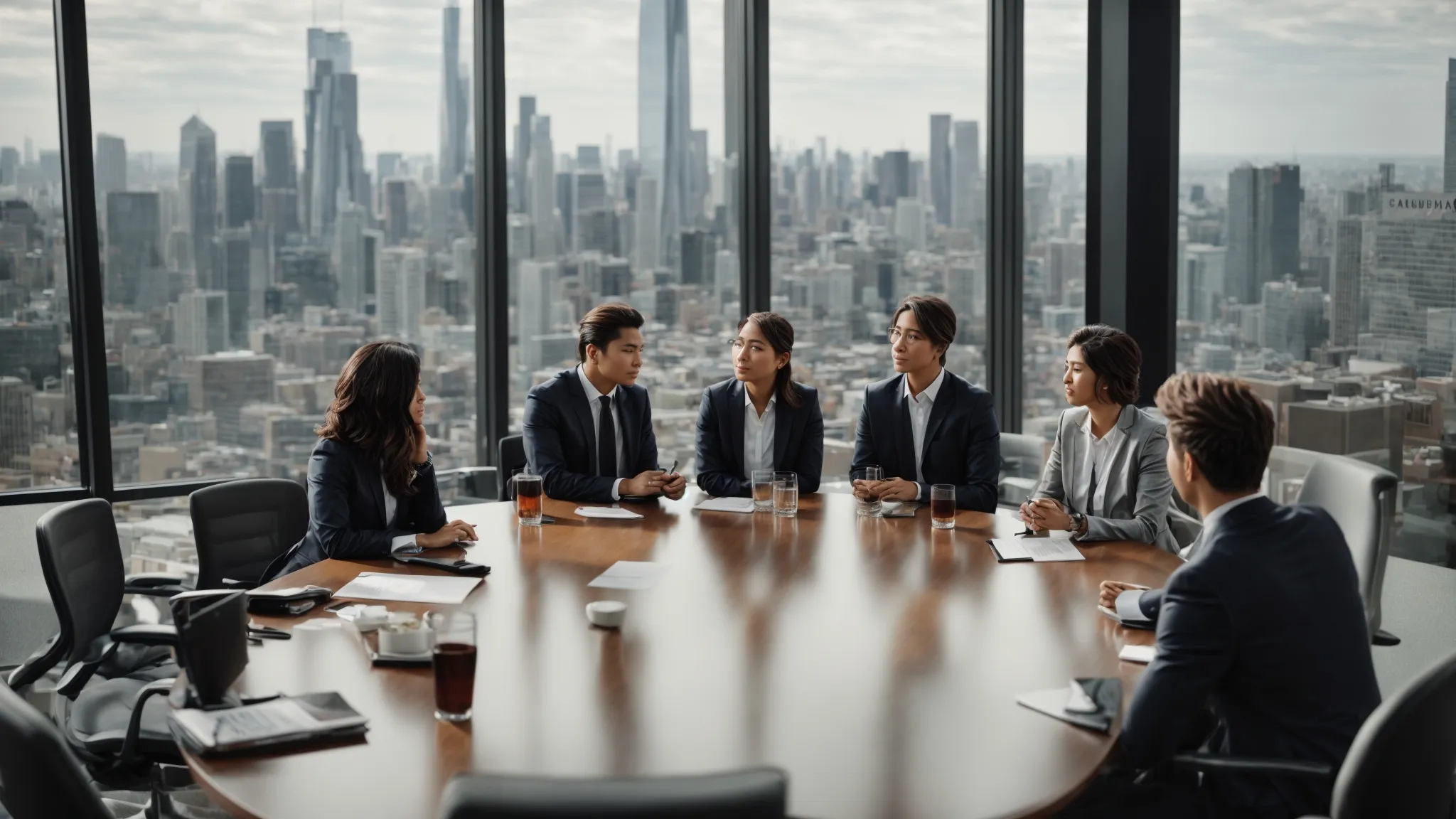 a group of professionals engaged in a roundtable discussion within a modern office overlooking a city skyline.