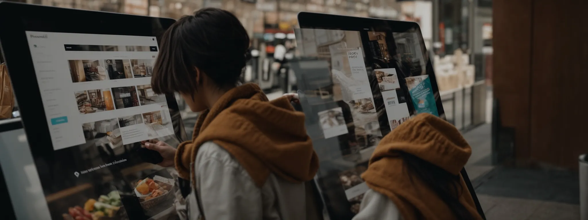 a shopper effortlessly navigating a sleek, digital storefront on a tablet.
