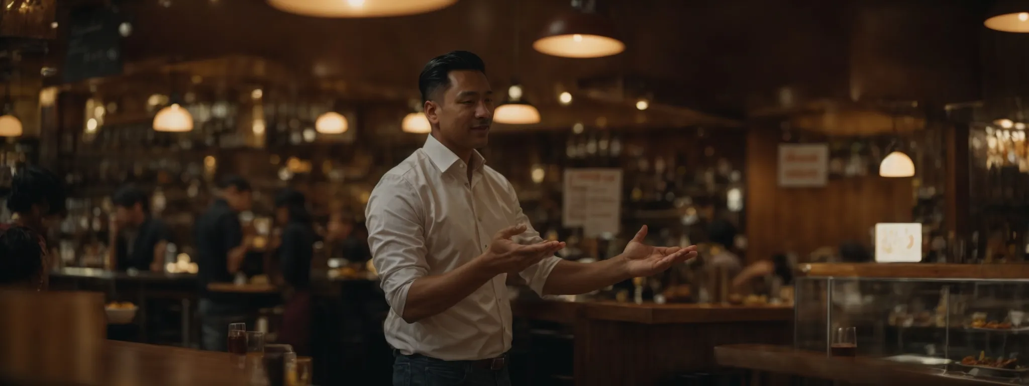 a restaurant owner gestures welcomingly in a bustling, well-lit bistro, where patrons dine and converse, symbolizing the confluence of hospitality and active engagement with customer reviews.