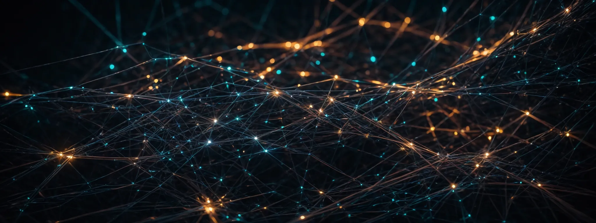 an illuminated network of interconnected nodes and pathways glowing against a dark background to symbolize the complex web of digital signals and brand mentions that shape the future of seo.