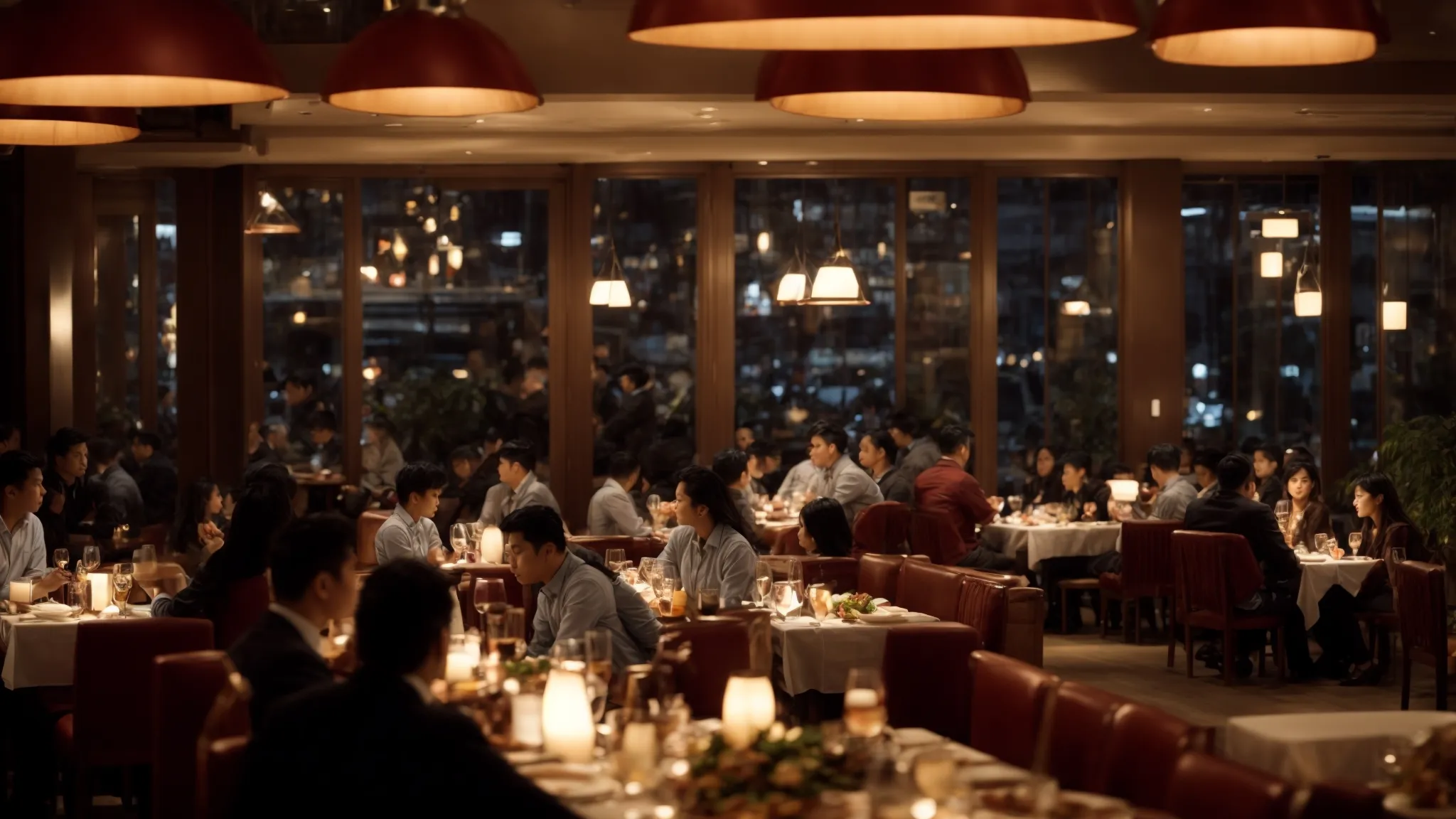 a bustling restaurant scene with patrons dining at well-set tables, illuminated by warm, inviting ambient lighting.