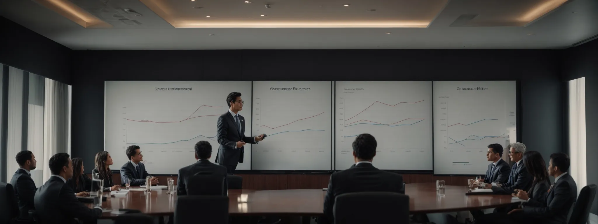 a confident business professional presents a chart showing growth to a boardroom of attentive executives.