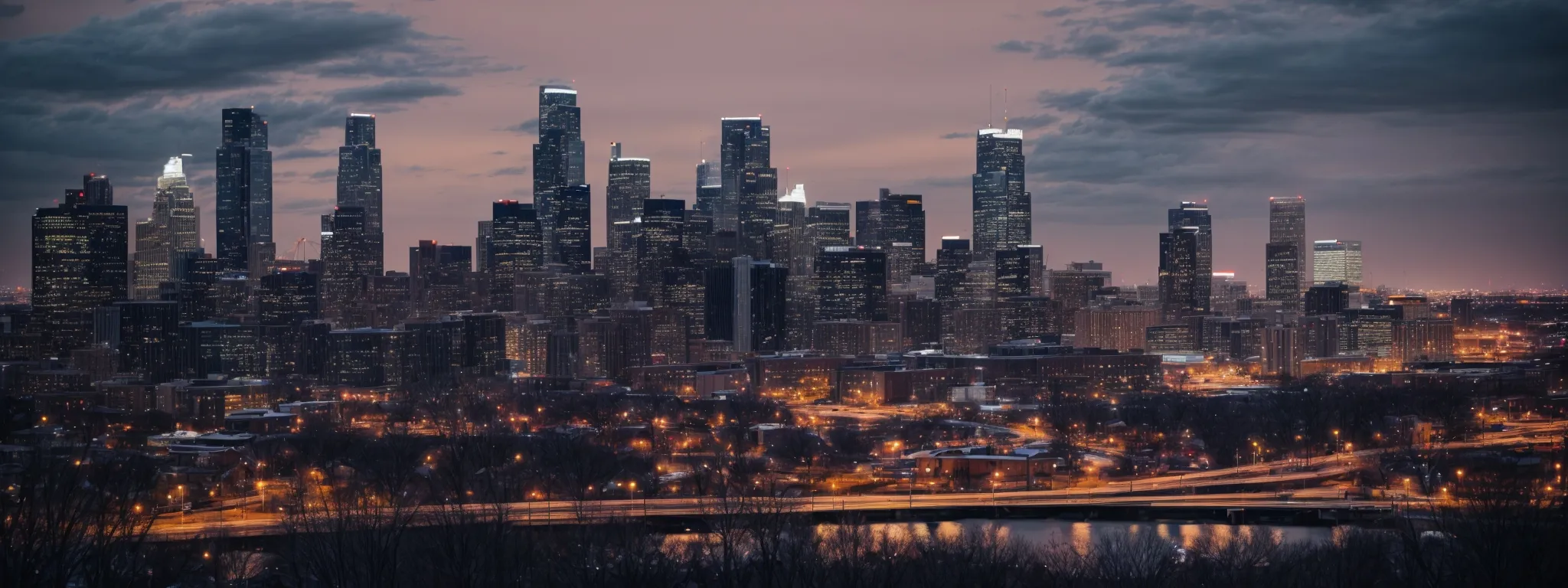 a skyline of minneapolis with a subtle overlay of graphs and analytics to symbolize seo dominance.