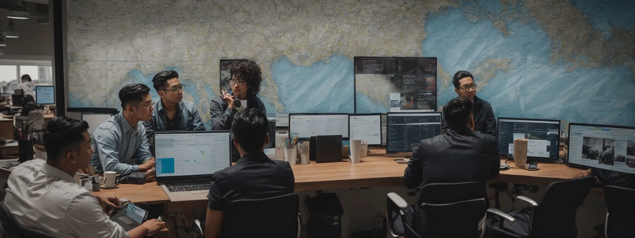 a digital marketing team sits collaboratively around a table with multiple screens displaying social media analytics and seo metrics while a delaware state map adorned wall signifies their focused market.