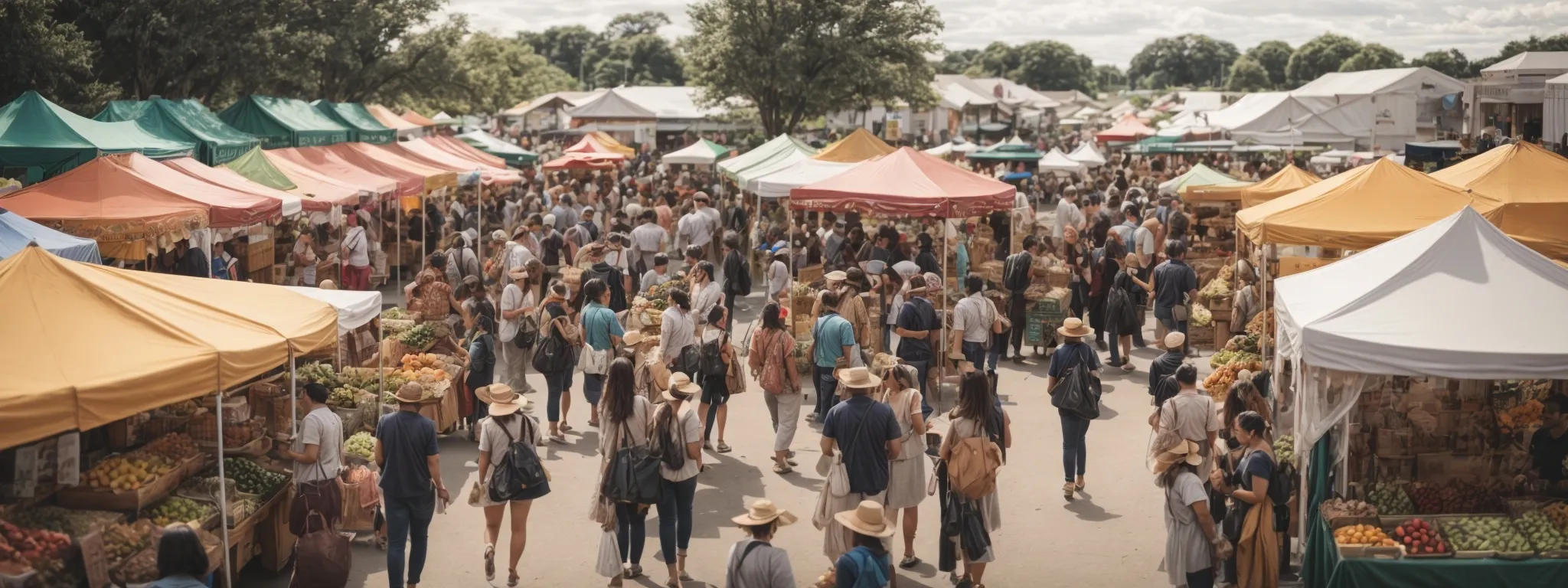 a bustling local farmers' market with vibrant booths attracting a community of engaged social media users.