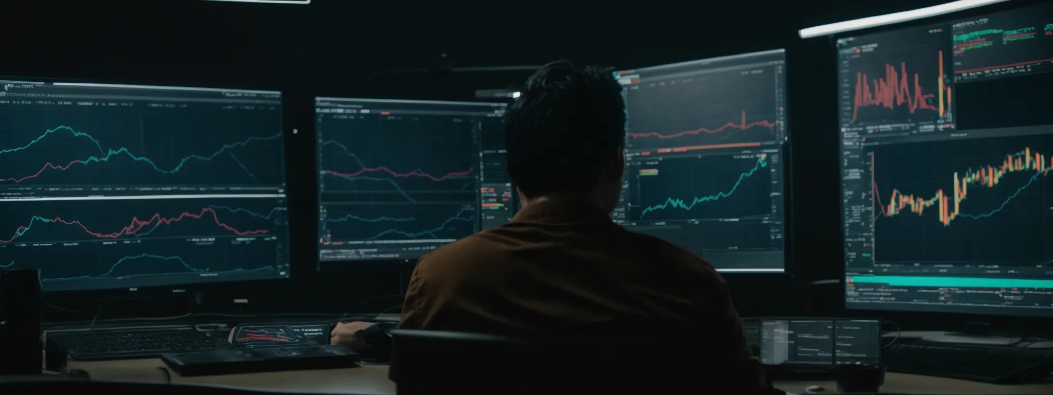 a person sits in front of a computer screen displaying graphs and analytics, hinting at the integration of ai in seo strategies.