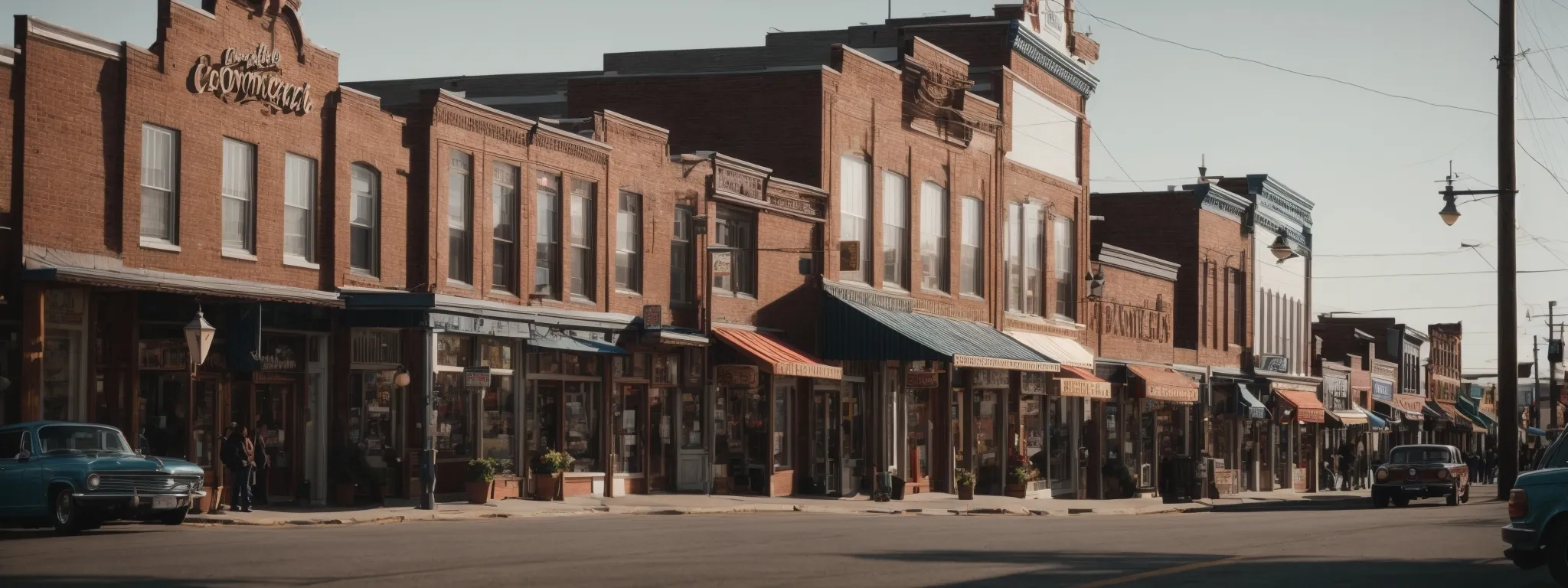 a bustling small-town main street with various storefronts, signaling a thriving local business community in need of an seo strategy.