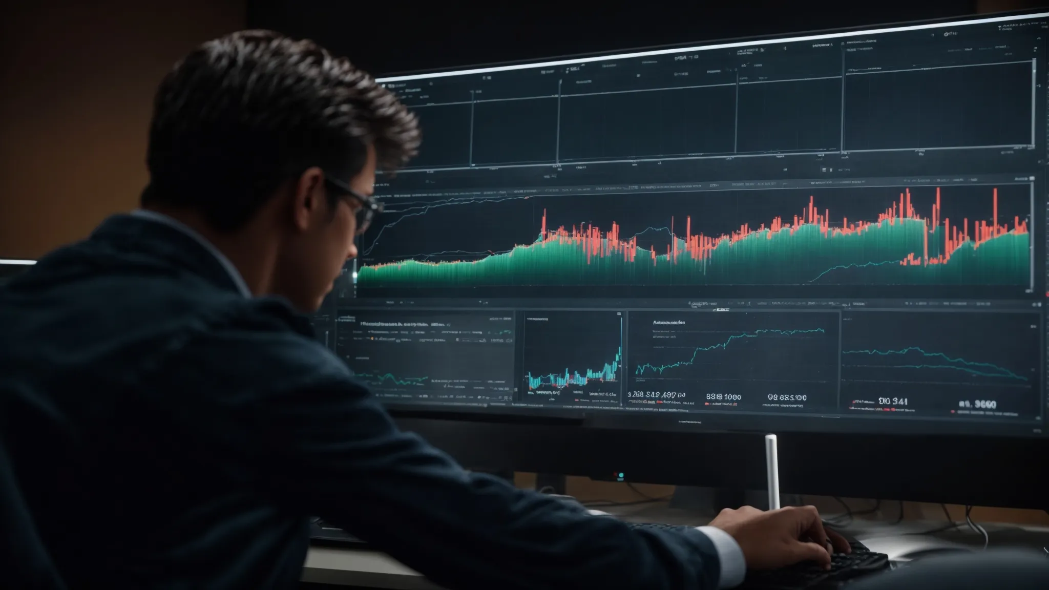 a digital analyst reviews comprehensive graphs and charts on a large monitor, displaying various keyword performance metrics.