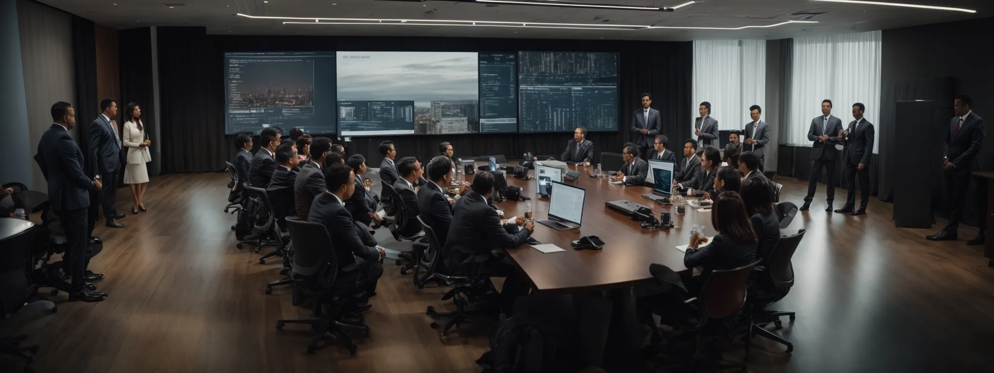 a diverse group of professionals gathered around a contemporary conference table, intently analyzing real-time digital data analytics displayed on a large screen.