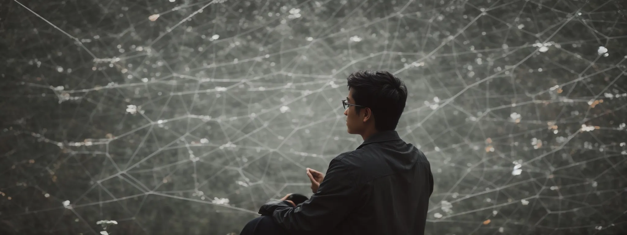a person in a relaxed pose contemplating a large, intricate web connecting various icons symbolizing different digital marketing strategies against a backdrop of search engine interface elements.
