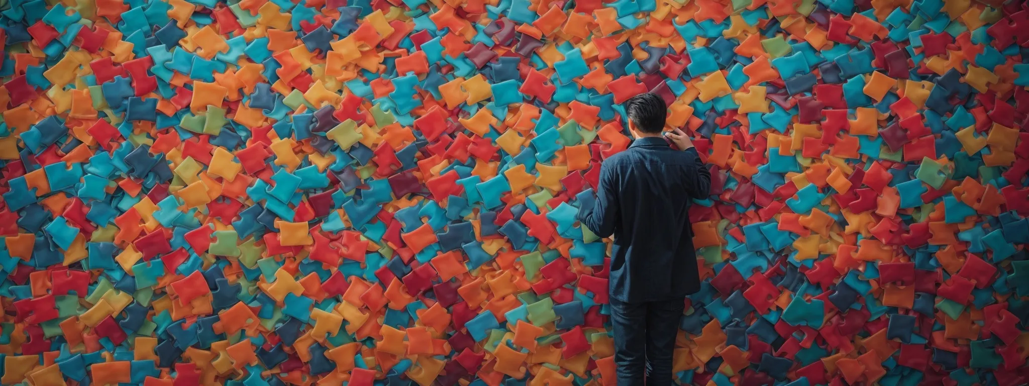 a person rearranges colorful, oversized puzzle pieces representing different seo trends on a digital interface against a backdrop of fluctuating data charts.