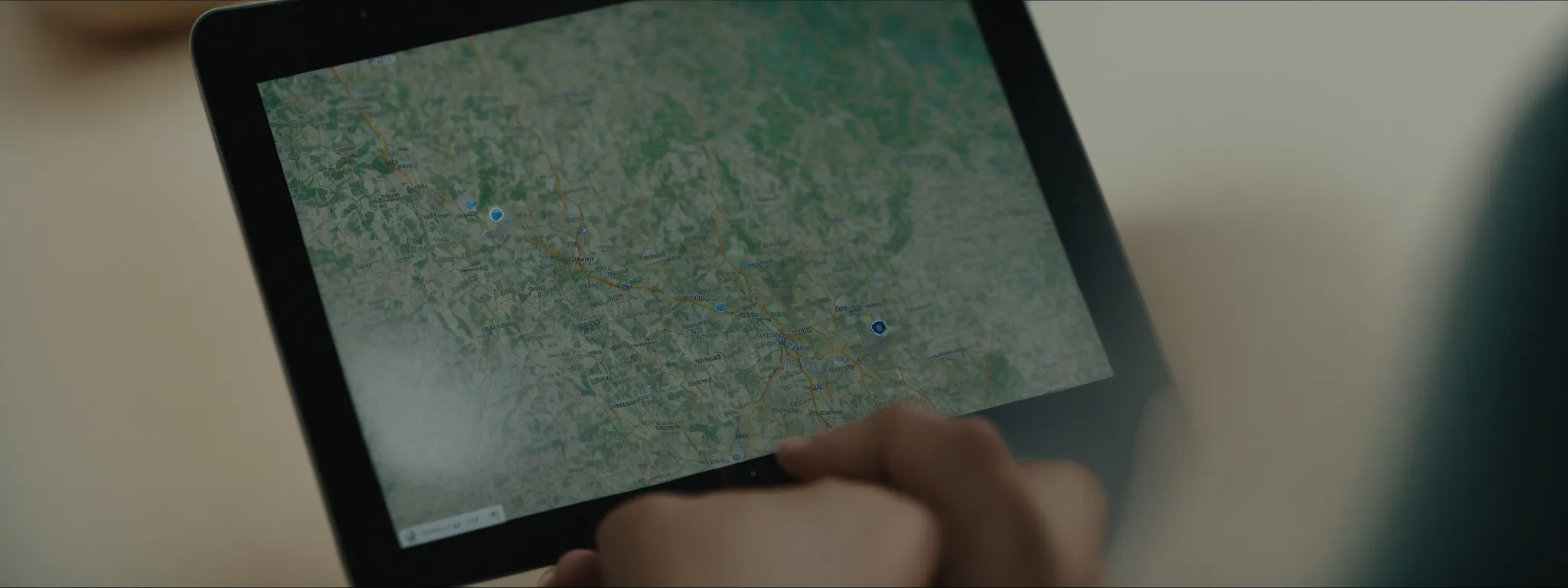 a user clicking on a map pin on a digital directory on a tablet screen.
